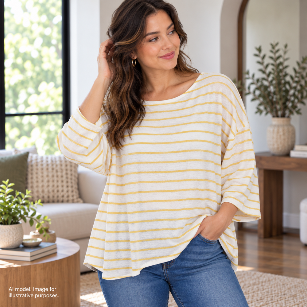 J Jill Shirt Women Small Gold Breton Stripe Soft Oversized Batwing Pullover Knit